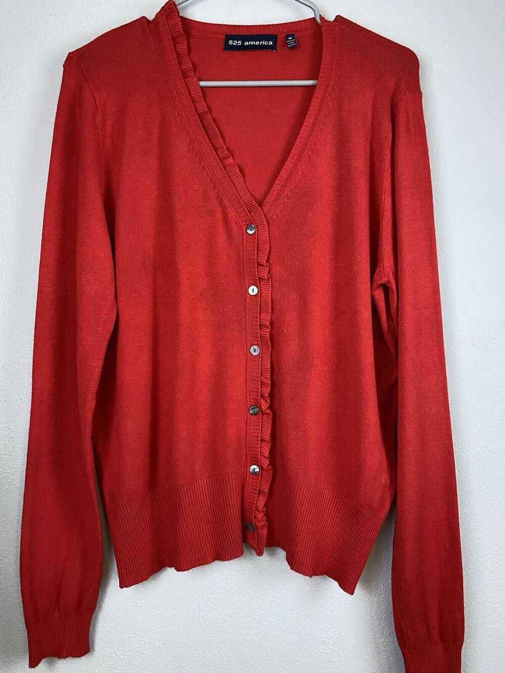 525 American Sz M Red Ruffle Trim Button Front LS Rayon Cardigan